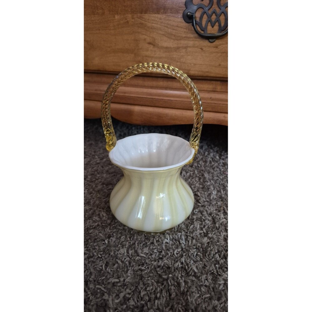 Fenton Glass - Yellow Overlay Cased 8.25" Basket - Applied Yellow Handle